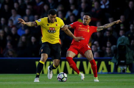 Britain Football Soccer - Watford v Liverpool - Premier League - Vicarage Road - 1/5/17 Liverpool's Nathaniel Clyne in action with Watford's Troy Deeney Action Images via Reuters / Andrew Couldridge Livepic