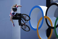 Charlotte Worthington of Britain competes in the women's BMX freestyle final at the 2020 Summer Olympics, Sunday, Aug. 1, 2021, in Tokyo, Japan. (AP Photo/Ben Curtis)