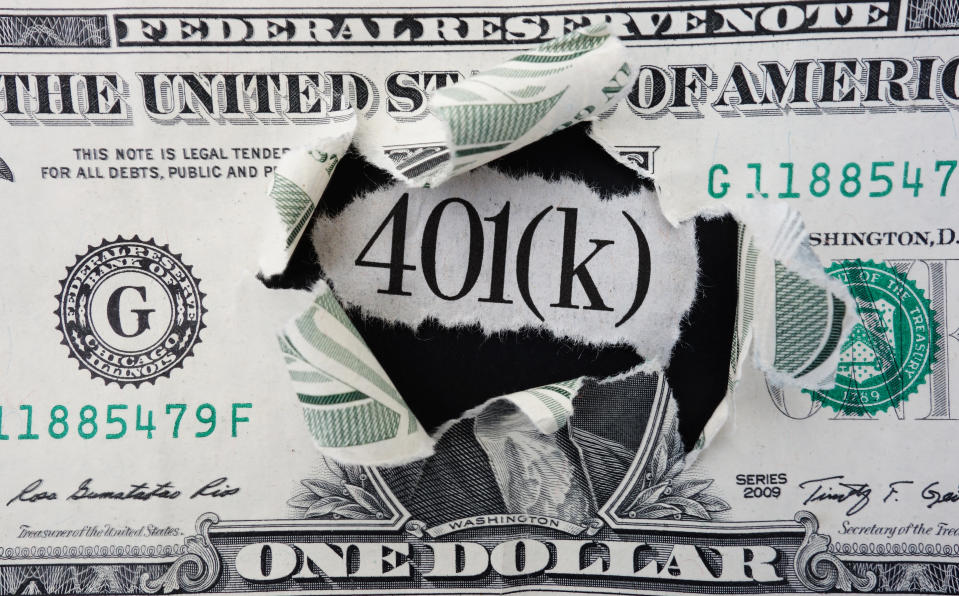 401(k) news headline in center of torn dollar bill