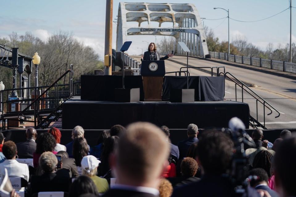 Vice President Kamala Harris speaks March 3 on the 59th commemoration of the Bloody Sunday bridge crossing in Selma, Alabama. Harris called for an “immediate ceasefire” in Gaza but reiterated that Israel has “a right to defend itself.” (Photo by Elijah Nouvelage/Getty Images)