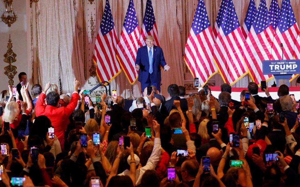 Republican presidential candidate and former US President Donald Trump attends a watch party event