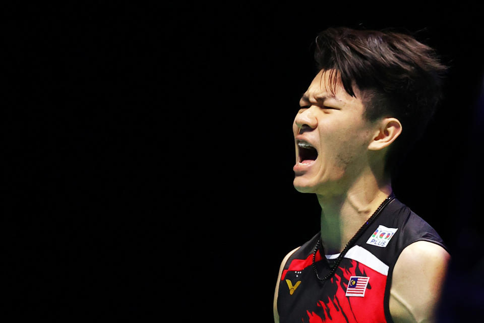 BIRMINGHAM, ENGLAND - MARCH 21: Lee Zii Jia of Malaysia celebrates a point during the Men's Final against Viktor Axelsen of Denmark during day five of YONEX All England Open Badminton Championships at Utilita Arena Birmingham on March 21, 2021 in Birmingham, England. (Photo by Naomi Baker/Getty Images)