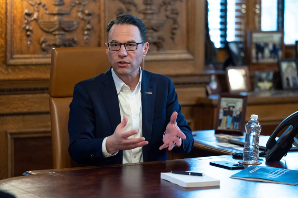 Josh Shapiro speaks at his office in Harrisburg, Pa.