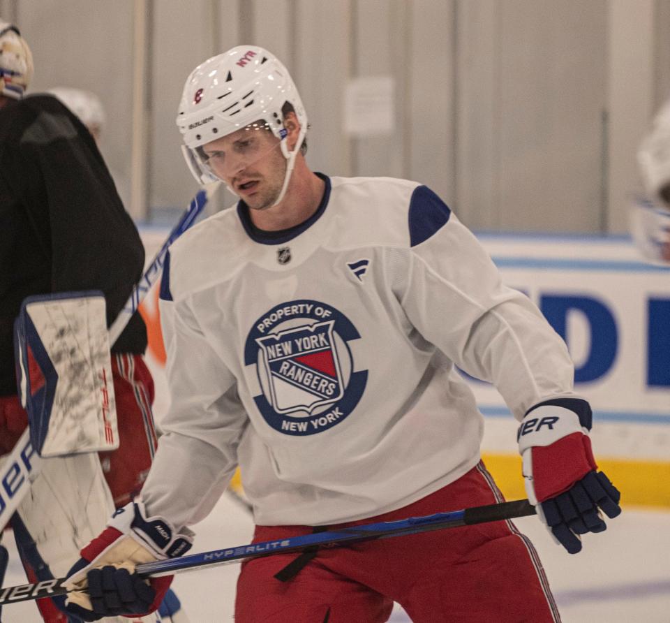 Jacob Trouba skates during the first day of the New York Rangers training camp at their practice facility in Greenburgh, N.Y. Sept. 19, 2024.