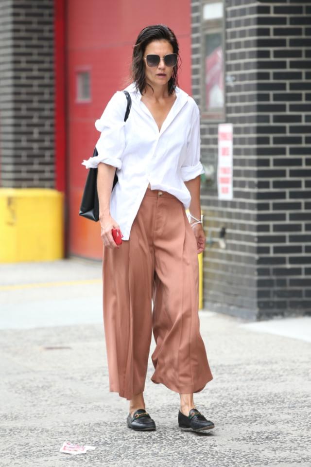 Katie Holmes Makes a Case for Menswear-Inspo in Relaxed Trousers, White  Button Down and Gucci Loafers