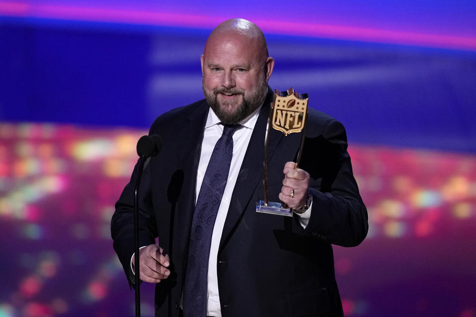 AP Coach of the Year New York Giants' Brian Daboll, speaks during the NFL Honors award show ahead of the Super Bowl 57 football game,Thursday, Feb. 9, 2023, in Phoenix. (AP Photo/David J. Phillip)
