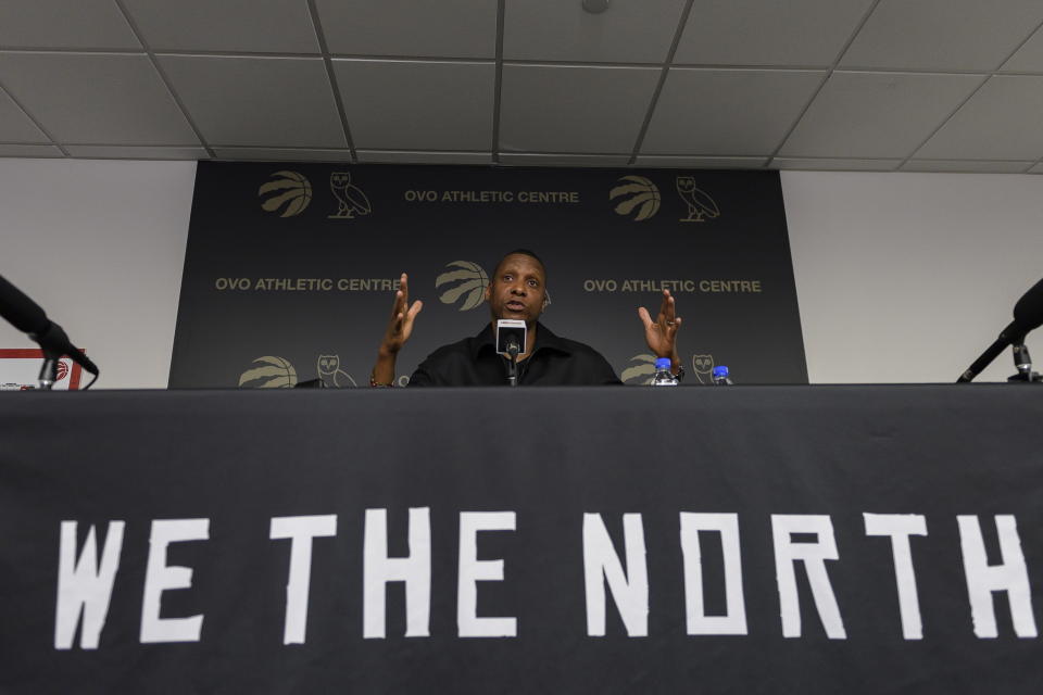 Toronto Raptors president Masai Ujuri speaks about the firing of head coach Nick Nurse during a news conference in Toronto, Friday, April 21, 2023. (Christopher Katsarov/The Canadian Press via AP)