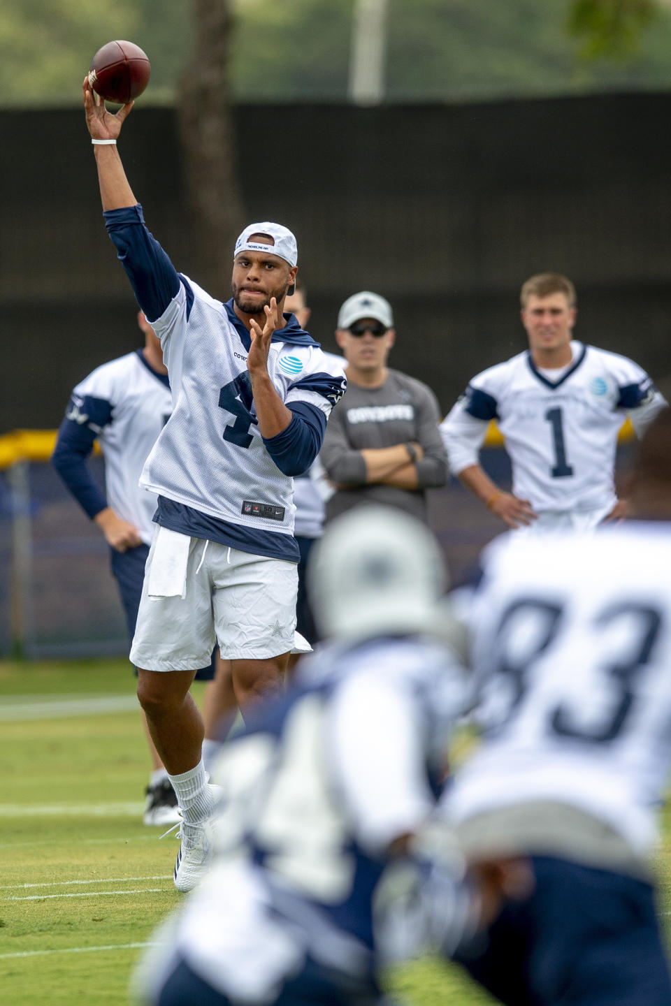 Dallas Cowboys quarterback Dak Prescott throws a pass as he runs the offense during Dallas Cowboys' NFL football training camp, Thursday, July 26, 2018, in Oxnard, Calif. (AP Photo/Gus Ruelas)