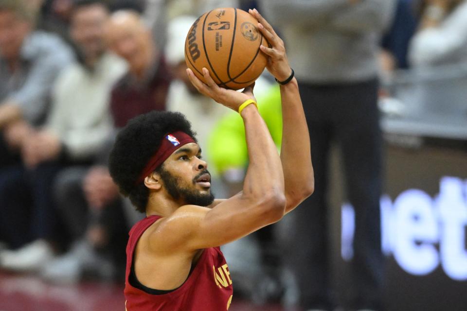 Apr 12, 2024; Cleveland, Ohio, USA; Cleveland Cavaliers center Jarrett Allen (31) shoots in the first quarter against the Indiana Pacers at Rocket Mortgage FieldHouse. Mandatory Credit: David Richard-USA TODAY Sports