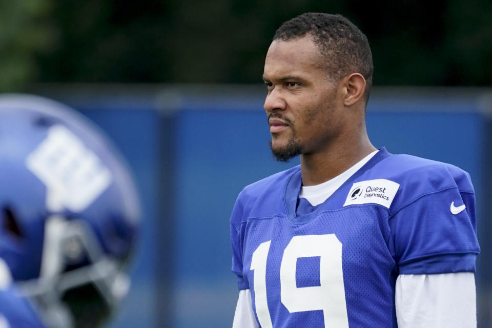 FILE - New York Giants wide receiver Kenny Golladay (19) participates during training camp at the NFL football team's practice facility on Friday, July 29, 2022, in East Rutherford, N.J. Two weeks into training camp, the New York Giants are still waiting for receiver Golladay to start making big plays. Golladay had a dismal first season in New York in 2021 after signing a $72 million contract. (AP Photo/John Minchillo, File)