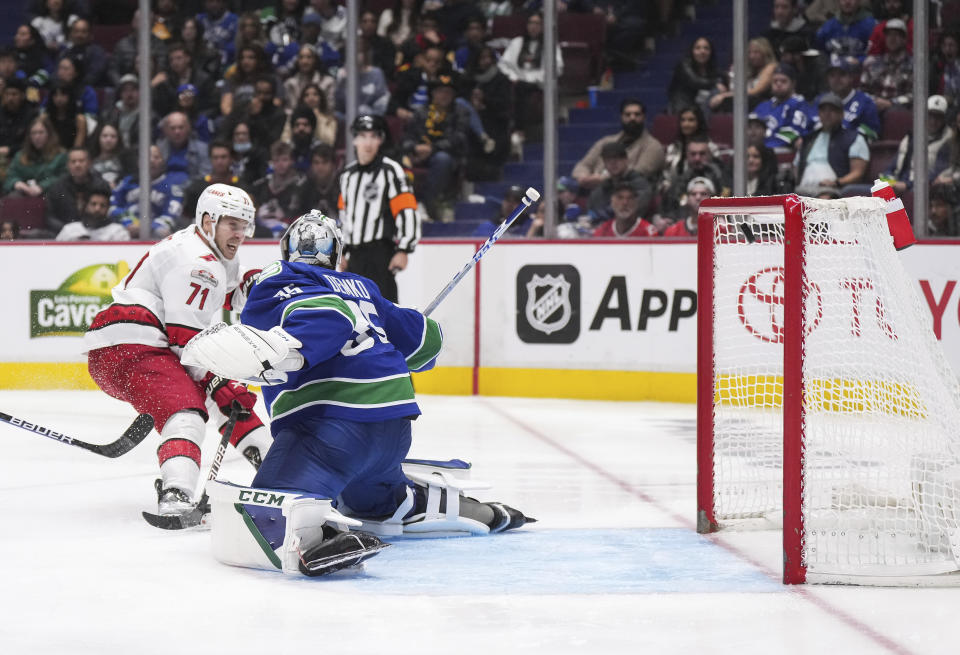 Carolina Hurricanes' Jesper Fast (71), of Sweden, scores against Vancouver Canucks goalie Thatcher Demko (35) during the third period an NHL hockey game in Vancouver, British Columbia, on Monday, Oct. 24, 2022. (Darryl Dyck/The Canadian Press via AP)