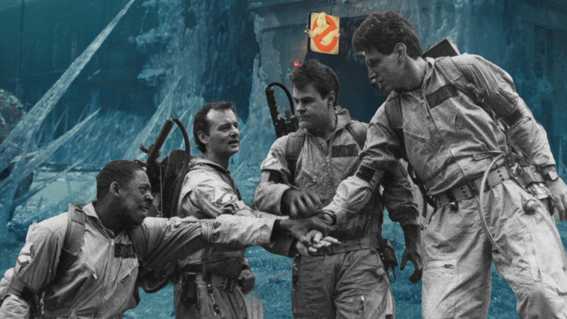 Foreground: Ernie Hudson, Bill Murray, Dan Aykroyd, and Harold Ramis in Ghostbusters (Columbia Pictures/Archive Photos/Getty Images); Background: Ghostbusters: Frozen Empire (Sony Pictures)