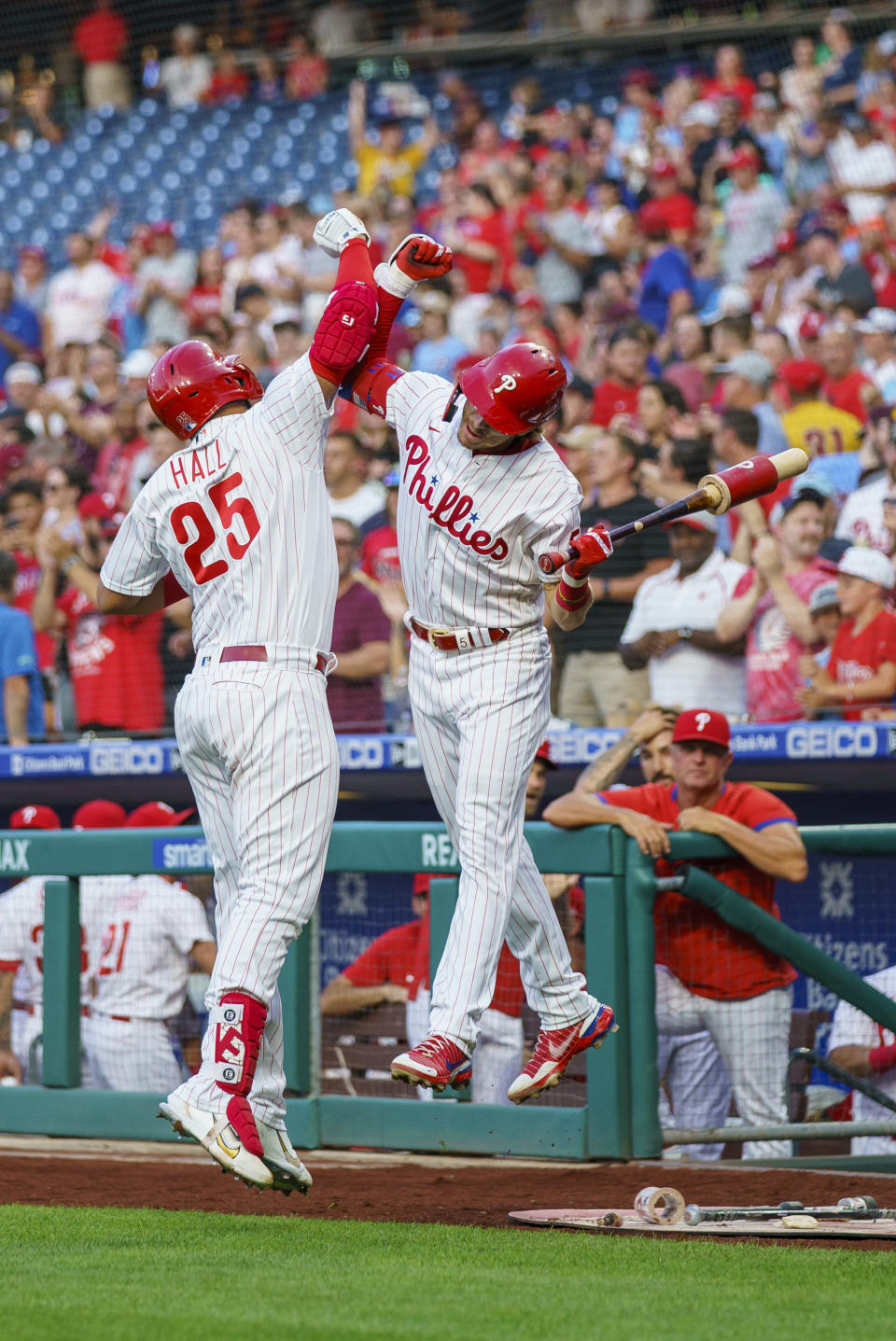 Philadelphia Phillies' Darick Hall, left, celebrates his home run against the Washington Nationals with Bryson Stott during the first inning of a baseball game Friday, Aug. 5, 2022, in Philadelphia. (AP Photo/Chris Szagola)