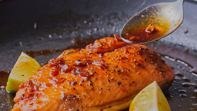 Honey glazed salmon in pan