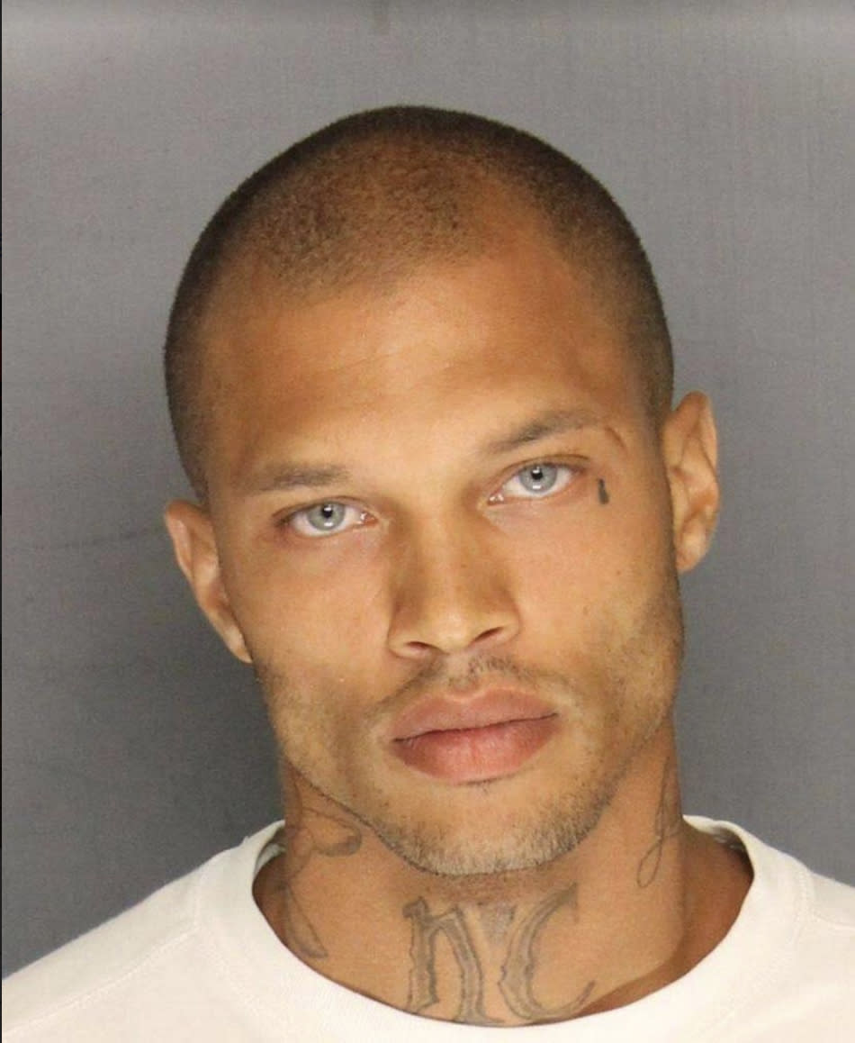 Mugshot of Jeremy Meeks, man with tattoos looking at camera