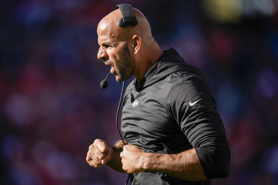 New York Jets head coach Robert Saleh reacts during the second half of an NFL football game against the Denver Broncos Sunday, Oct. 8, 2023, in Denver. (AP Photo/David Zalubowski)