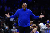 Philadelphia 76ers' Doc Rivers reacts to a call during the first half of an NBA basketball game against the Minnesota Timberwolves, Saturday, Nov. 27, 2021, in Philadelphia. (AP Photo/Matt Slocum)