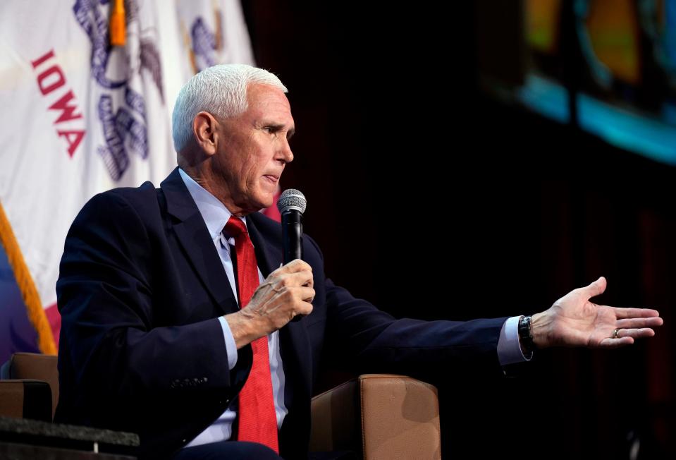 Republican presidential candidate and former Vice President Mike Pence speaks at the Iowa Faith & Freedom Coalition's fall banquet, Saturday, Sept. 16, 2023, in Des Moines, Iowa. (AP Photo/Bryon Houlgrave)