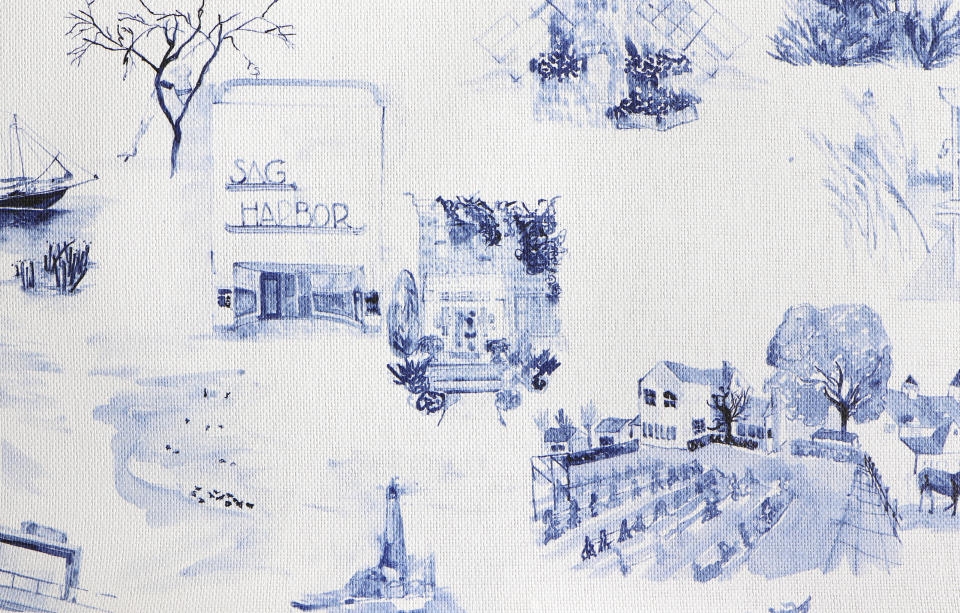 This undated photo shows New York-based textile design studio Eskayel's new pattern called Out East. Founder Shanan Campanaro's watercolor toile paintings were drawn from photos of the Hamptons sourced through interior design firm Curious Yellow. Montauk landmarks like the lighthouse and clam bar, Sag Harbor's windmill and theater, and Sagaponack's vineyards and stables are among the charming images. (Eskayel via AP)