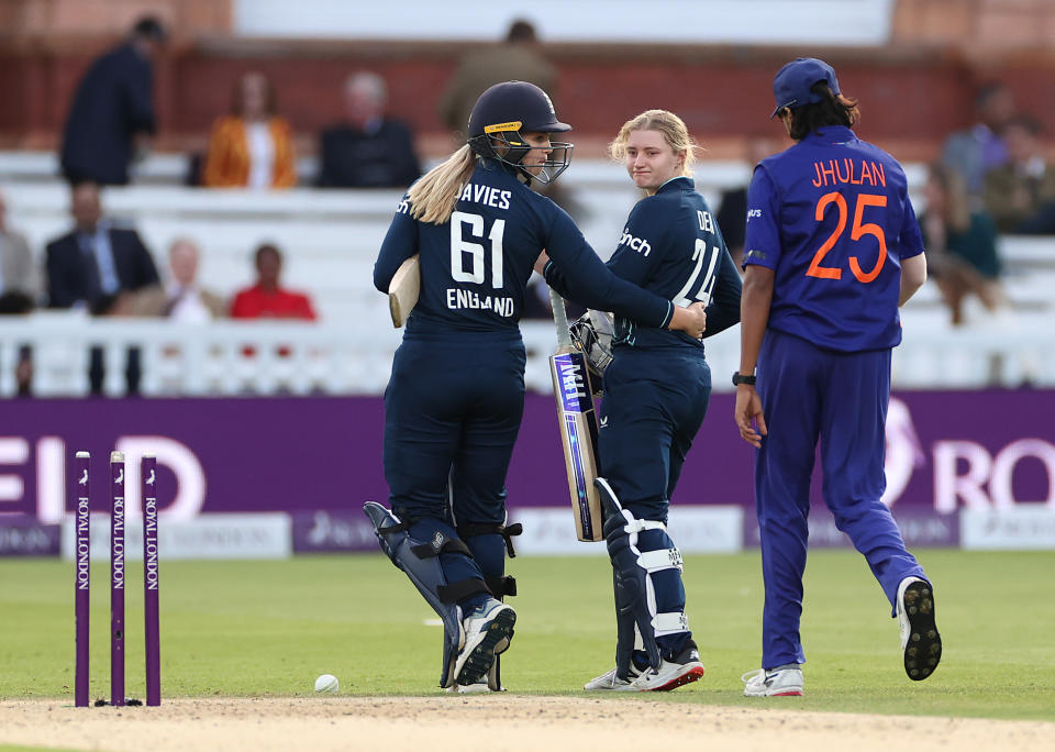 Charlie Dean, pictured here in tears after the controversial finish to England's ODI against India.