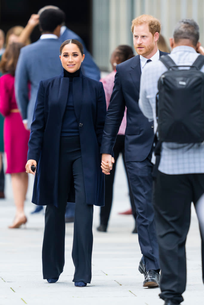 The Duke and Duchess of Sussex, Prince Harry and Meghan visit One World Observatory on 102nd floor of Freedom Tower of World Trade Center. (Getty Images)
Meghan, Duchess of Sussex, and Prince Harry, Duke of Sussex, are seen in Midtown on September 23, 2021 in New York City. (Getty Images)
Meghan Markle speaks onstage during Global Citizen Live, New York on September 25, 2021 in New York City.