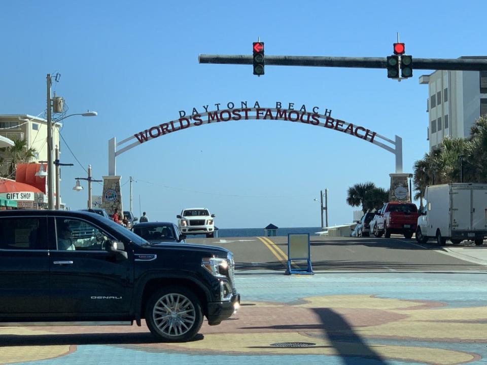 This landmark sign at the entrance to the "World's Most Famous Beach" is pictured at the east end of East International Speedway Boulevard in Daytona Beach on Monday, Jan. 18, 2021.