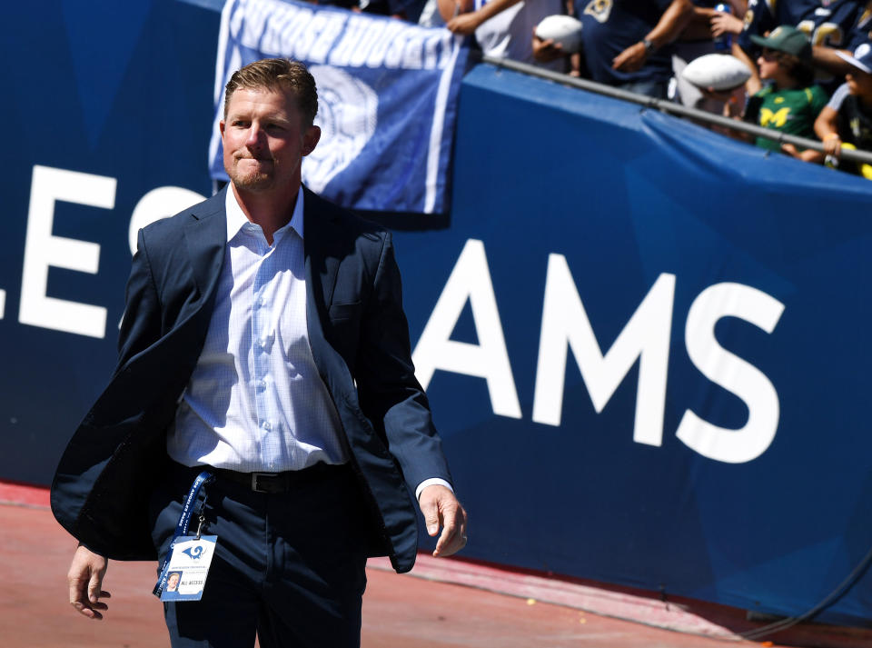 LOS ANGELES, CA - SEPTEMBER 16: General manager Les Snead of the Los Angeles Rams prior to a NFL football game against the Arizona Cardinals at the Los Angeles Memorial Coliseum on September 16, 2018 in Los Angeles, California. (Photo by Keith Birmingham/Digital First Media/Pasadena Star-News via Getty Images)