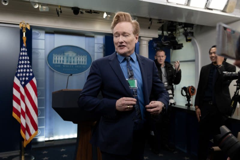 Comedian and television host Conan O'Brien speaks with members of the news media in the James Brady Press Briefing Room during a visit to the White House in Washington, D.C., on Friday. O'Brien earlier interviewed President Joe Biden for his "Conan O'Brien Needs a Friend" podcast. Photo by Michael Reynolds/UPI