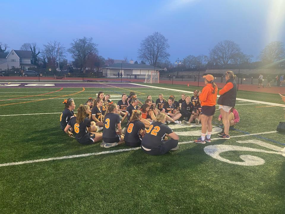 Trinity Hall girls lacrosse head coach Dana Lenneper speaks to team after win (April 16, 2024)