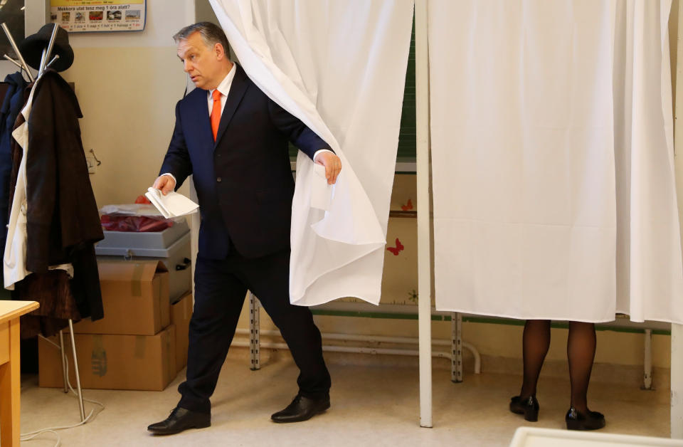 Hungarian Prime Minister Viktor Orb&aacute;n leaves a polling booth. (Photo: Bernadett Szabo / Reuters)