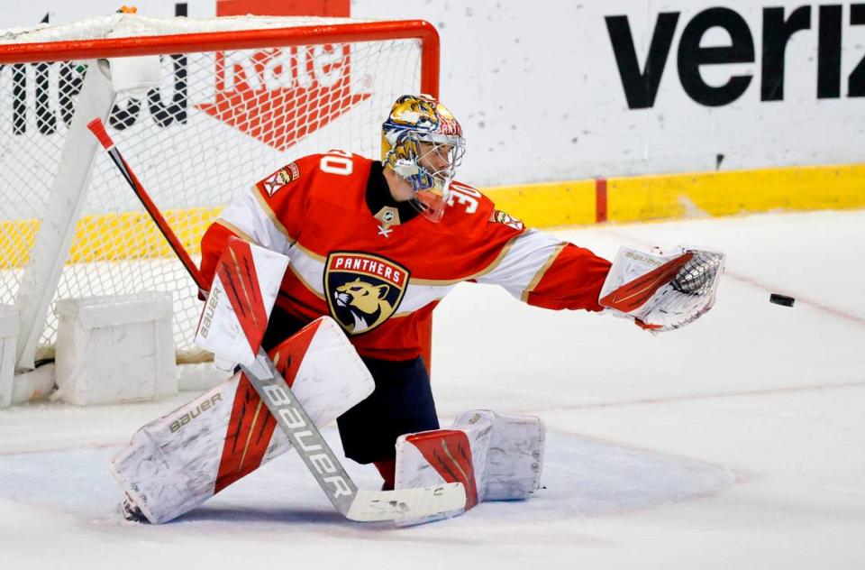 Florida Panthers goaltender Spencer Knight (30) blocks a shot during the second period of an NHL game against the Vegas Golden Knights at the FLA Live Arena on Thursday, January 27, 2022 in Sunrise, Fl.