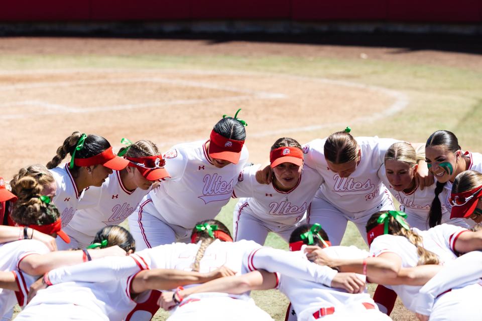 Utah’s softball team chants during an NCAA softball game between Utah and UCLA at Dumke Family Softball Stadium in Salt Lake City on April 29, 2023. | Ryan Sun, Deseret News