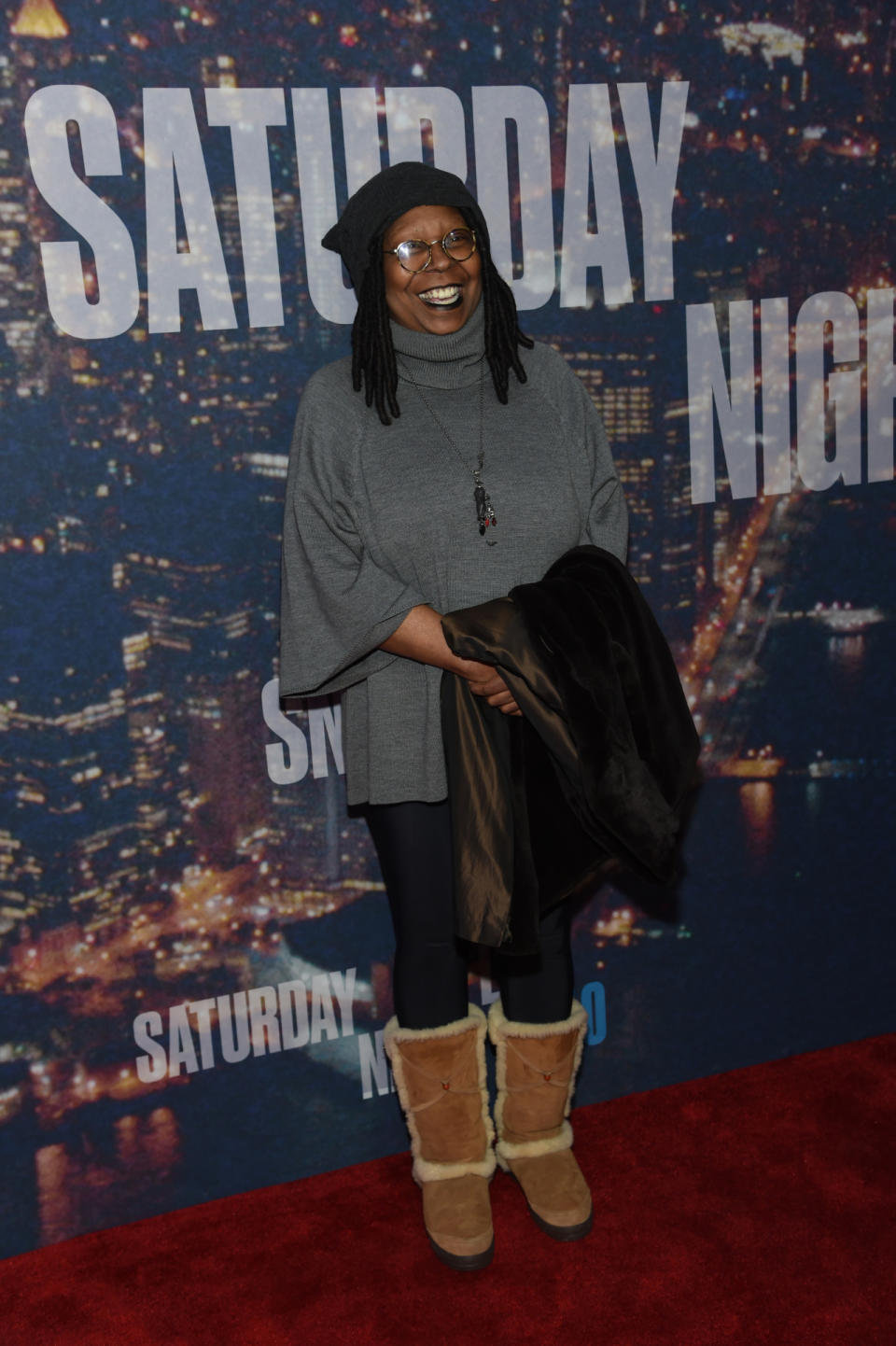 While most of the other guests wore outfits in accordance with the momentous occasion, Whoopi Goldberg opted for comfort in a sweater, hat, and Ugg boots.