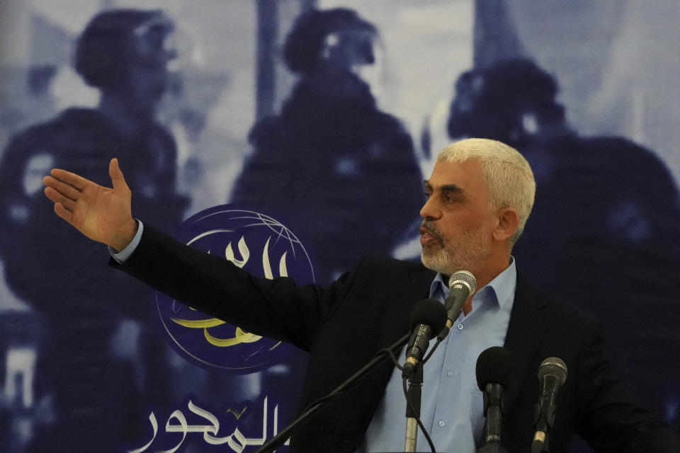 Yahya Sinwar, head of Hamas in Gaza, delivers a speech during a meeting with people at a hall on the sea side of Gaza City, Saturday, April 30, 2022. (AP Photo/Adel Hana)