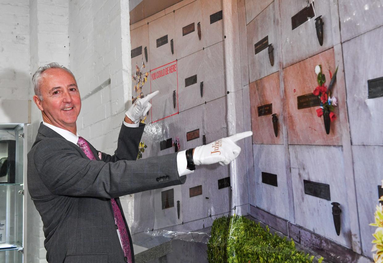Martin Nolan, executive director, CFO and a principal of Julien's Auctions, shows the burial crypt located near those of the late Marilyn Monroe and Hugh Hefner at NYA Studios East in Los Angeles on March 28, 2024.