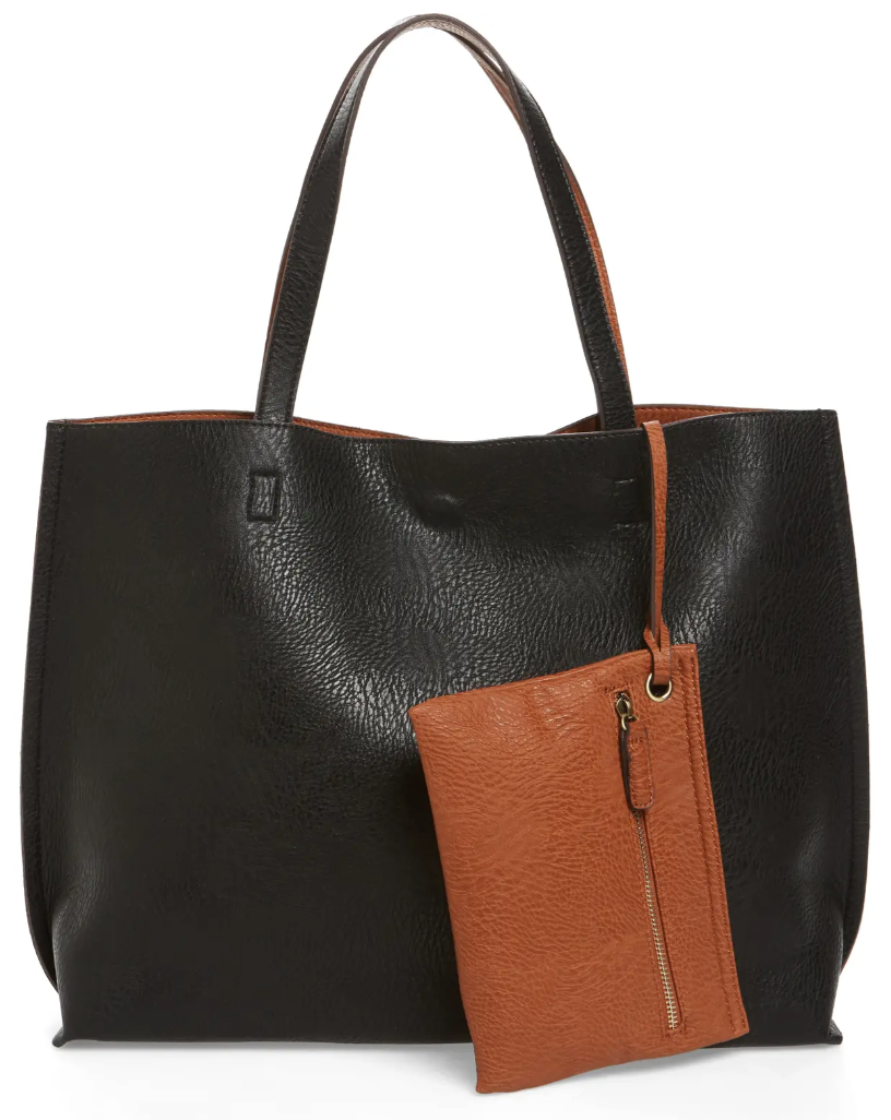 Street Level Reversible Faux Leather Tote & Wristlet in Black/Cognac