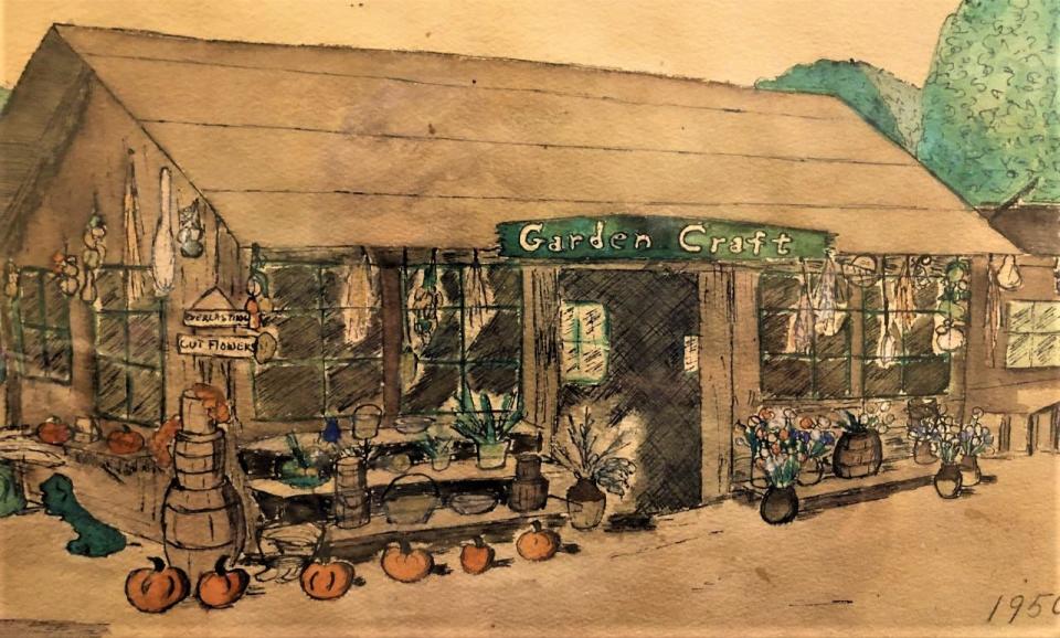 This painting by a Hingham artist shows the first Garden Craft roadside shop in 1950 at Assinippi Corner in Hanover. Sandy Wright had the painting done to give to her husband, Randy Wright, for Father's Day in 2000.