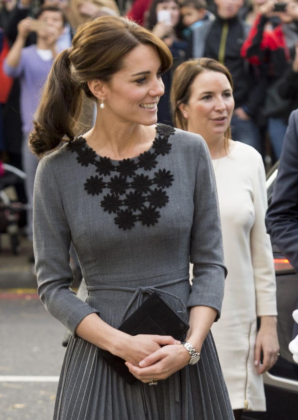 <p>But she also explores the more glamorous side of the pony, with this sleek, curled option, which she wore for an event with Chance UK's Early Intervention Programme on October 27, 2015 in London.</p>