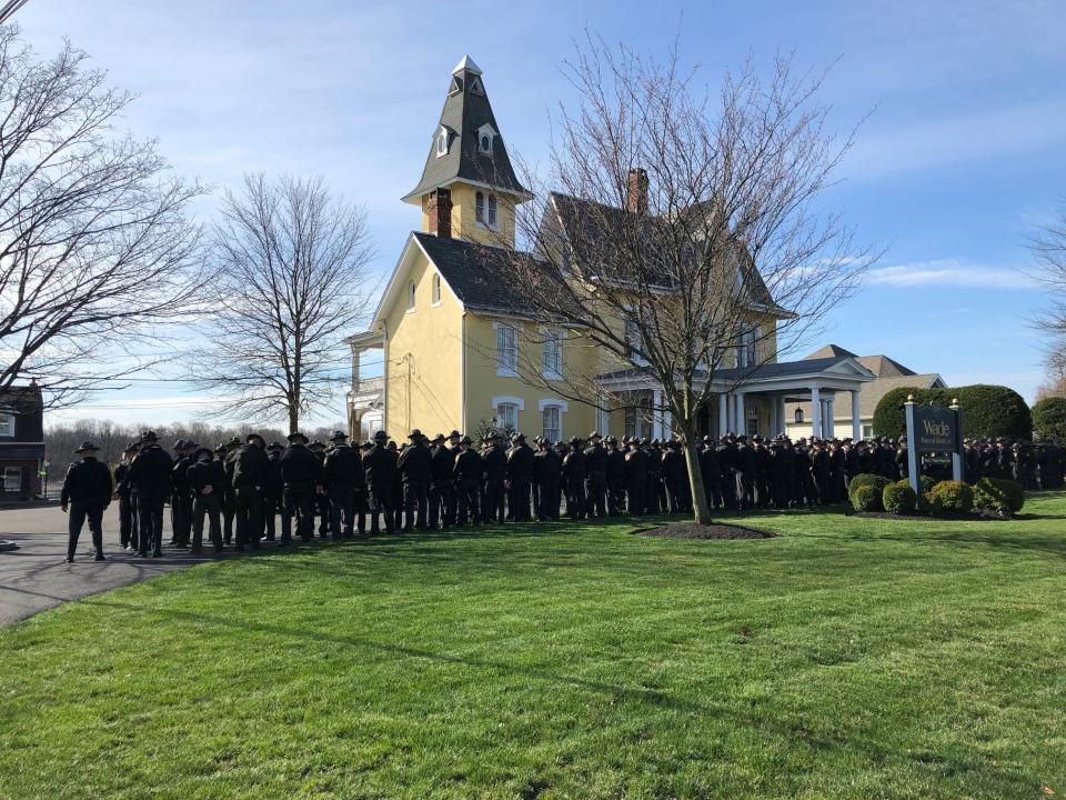 Hundreds of Pennsylvania State Troopers and other law enforcement members gather Wednesday, March 30,. 2022 for the viewing of fallen state trooper Martin F. Mack II, 33, of Bristol.  Mack and fellow state Trooper Branden T. Sisca were killed while escorting an Allentown man, who was also killed,  across I-95 in South Philadelphia on March 21, 2022