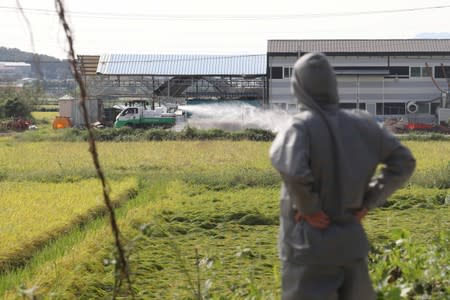 A vehicle disinfects a pig farm as a quarantine official wearing protective gear looks on in Paju