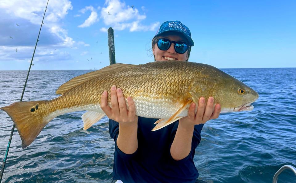 Courtney O'Conner of Orlando caught this 30-inch redfish on a live pinfish while fishing near Anna Maria Island with Capt. John Gunter this week.