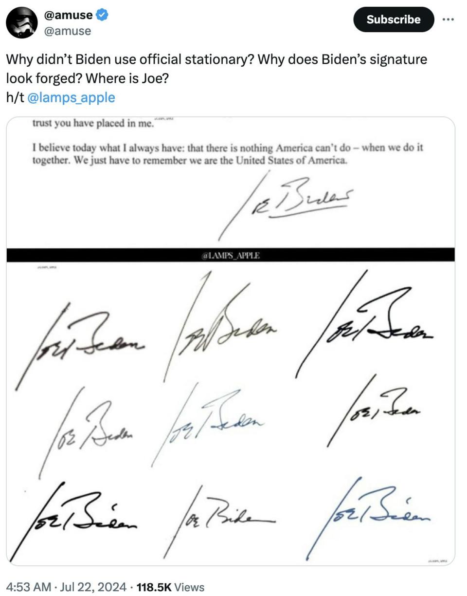 Twitter screenshot @amuse @amuse Why didn’t Biden use official stationary? Why does Biden’s signature look forged? Where is Joe? h/t @lamps_apple (with a photo of multiple Joe Biden signatures)