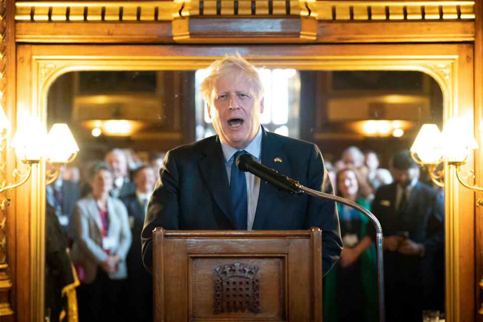 Prime Minister Boris Johnson speaks at a reception of Falklands veterans after they attended a special Beating Retreat ceremony by the Band of Her Majesty's Royal Marines in Speaker's Court at the Palace of Westminster, to commemorate the 40th anniversary of the Falkland Islands conflict. Picture date: Tuesday June 7, 2022.