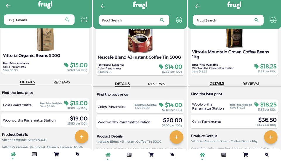 Frugl app screens showing price comparisons of coffee products