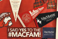 This January 2020 photo provided by Jamie Bolker shows pennants and other MacMurray College paraphanelia in Jacksonville, Ill. When Bolker started teaching composition at MacMurray College in January 2020, she felt like she'd won the lottery. In March, though, she delivered a grim Twitter announcement: “Welp. MacMurray College is permanently closing ... They were already on the edge and coronavirus was the final nail.” (Jamie Bolker via AP)