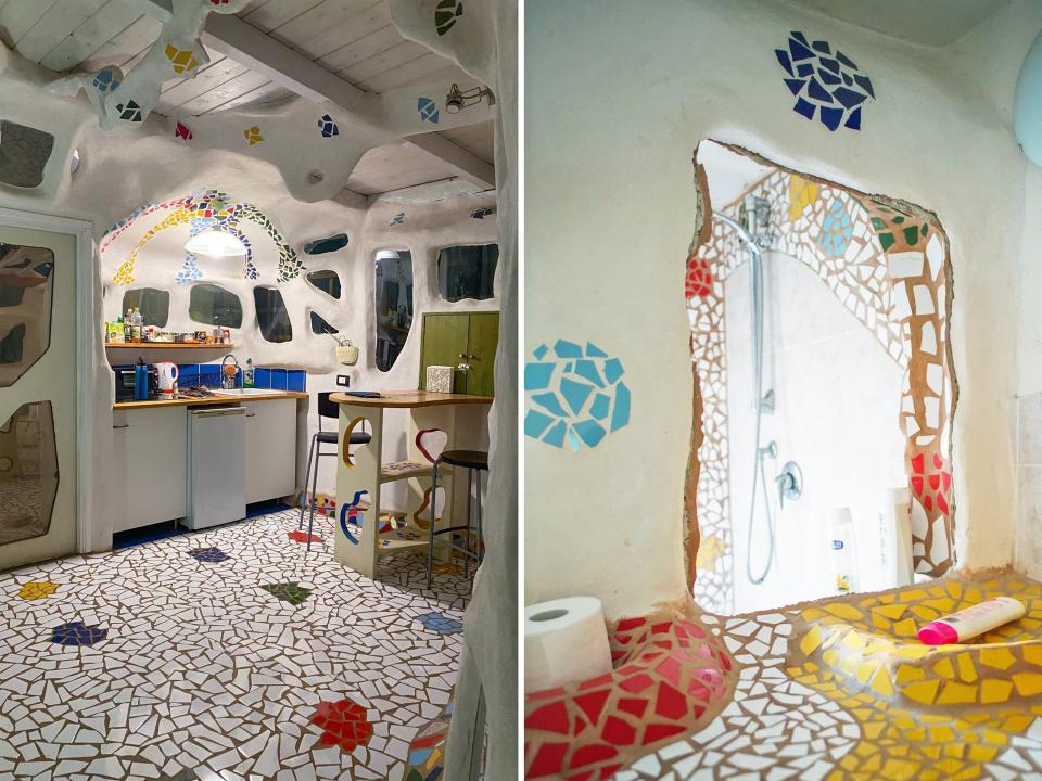 Inside the Airbnb's kitchen (L) and bathroom (R).