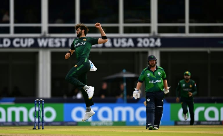 Pakistan's Shaheen Afridi celebrates after he bowls Ireland's Andy Balbirnie during Sunday's T20 World Cup game at Lauderhill (Chandan Khanna)