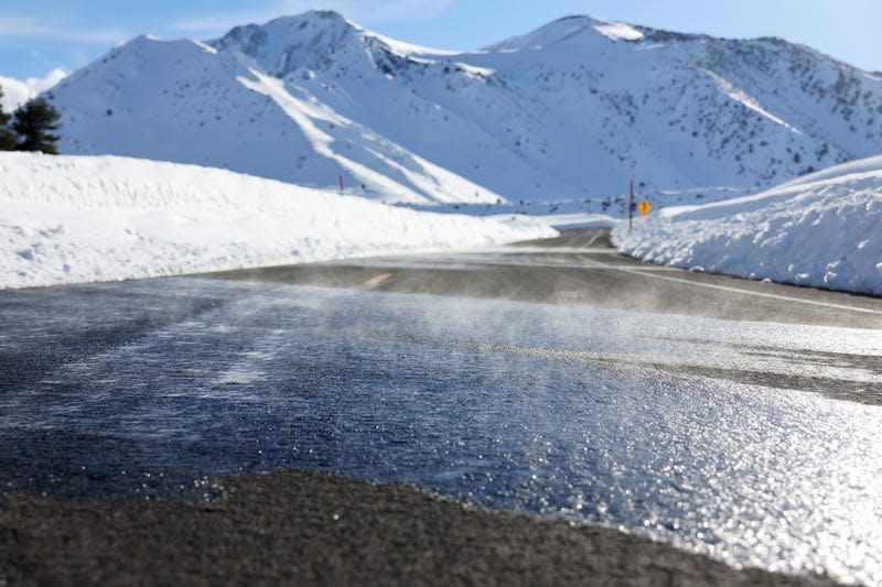 Melting snow on the road in Mammoth Lakes, CA.