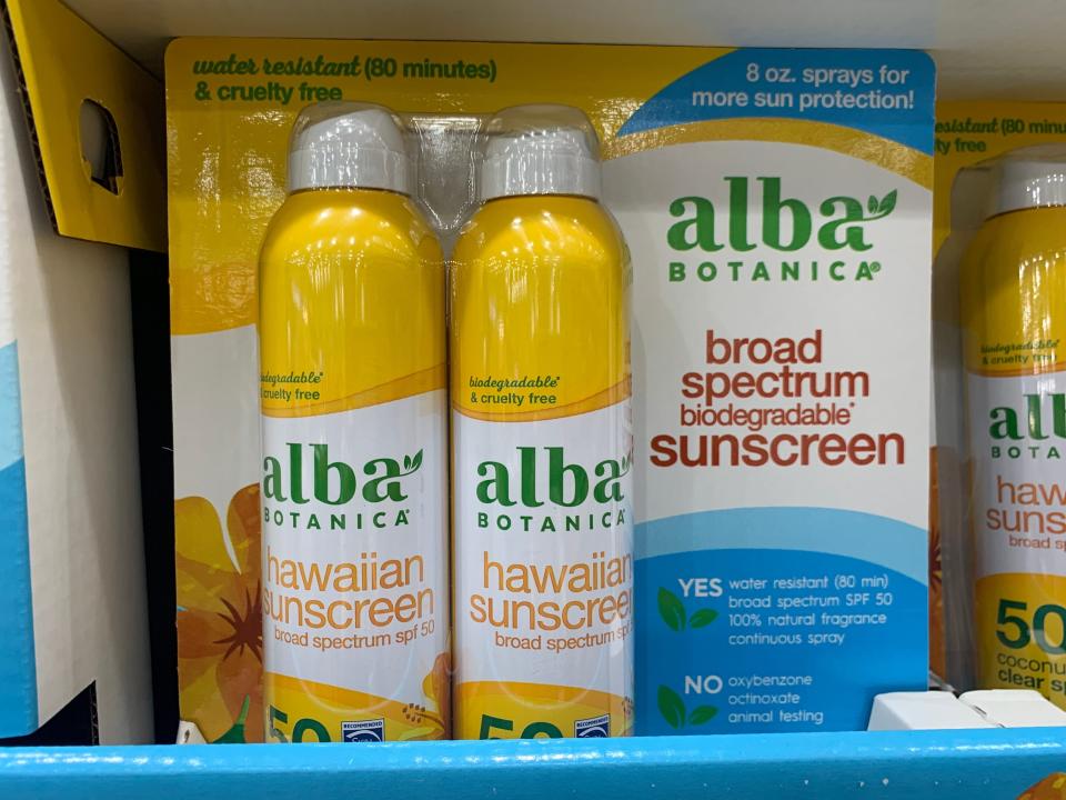 Yellow and blue pack of alba botanica sun screen at costco