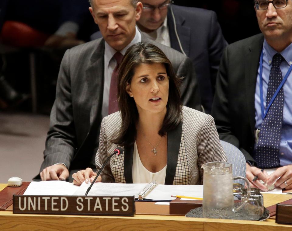 United States Ambassador to the United Nations Nikki Haley speaks during a security council meeting about the escalating tensions between the Ukraine and Russia at United Nations headquarters, Monday, Nov. 26, 2018.